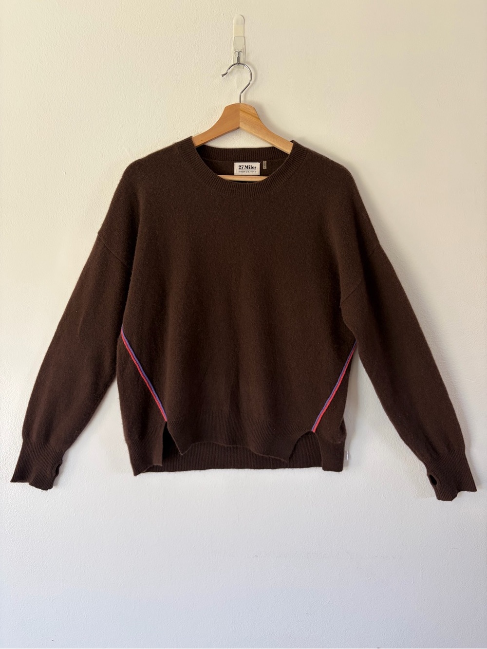 27 Miles 100% Cashmere Chocolate‎ Brown Split Hem Thumb Hole Knit Sweater Medium